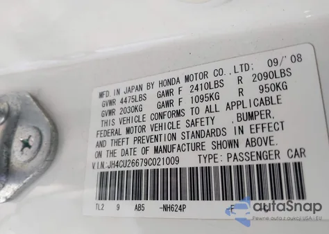 2009 Acura Tsx from USA, damaged, VIN JH4CU26679C021009